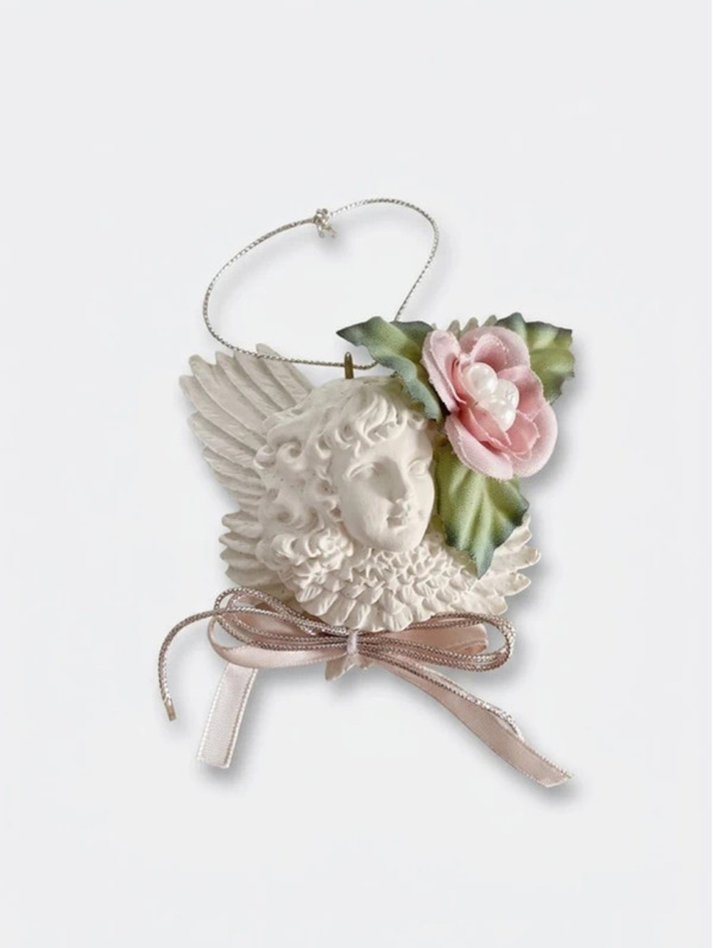 Ganz Angel Cherub Ornament Pink Rose Faux Pearl Ribbon Wings Hanging Decor